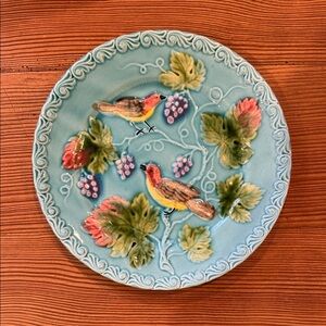 Vintage GS Zell Germany Majolica Turquoise Plate w/ Birds, Grapes, & Leaves